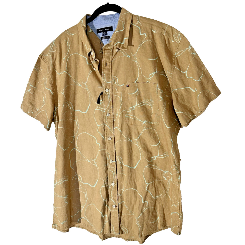 New Tommy Hilfiger Men’s XXL Brown Floral Button Hawaii Tropical Shirt